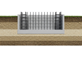 A reinforced concrete foundation with a grid of steel rebar is being constructed underground