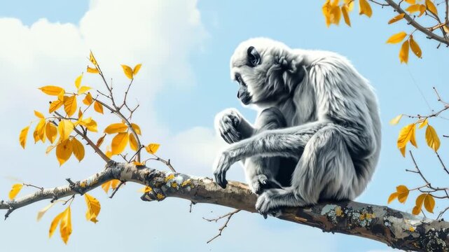 A silver monkey sits on a branch with yellow leaves, set against a blue sky