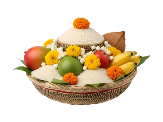 Assorted fruits and flowers arranged in a traditional basket with rice and marigold decorations