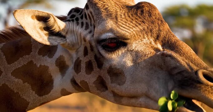 Close-up view of a giraffe's head showcasing its unique patterns and features in a savanna setting