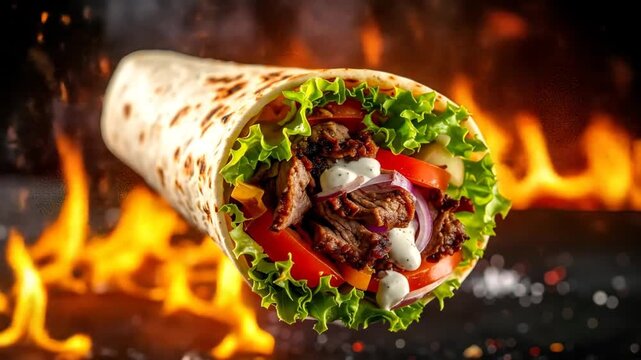 A close-up of a flavorful wrap filled with meat, veggies, and sauce, on a fiery background