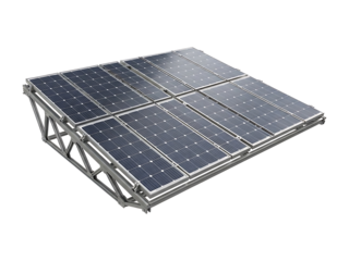 Solar panels arranged on a metal frame structure outdoors in daylight from an isometric view Png transparent