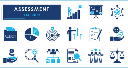 A set of flat icons related to Assessment. Audit, analysis, plan, evaluation, quality process, happy, study, strategy, vision, and so on.