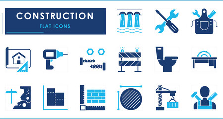 A set of flat icons related to Construction. Build, measure, worker, mapping, earth, saw, tools, and so on.