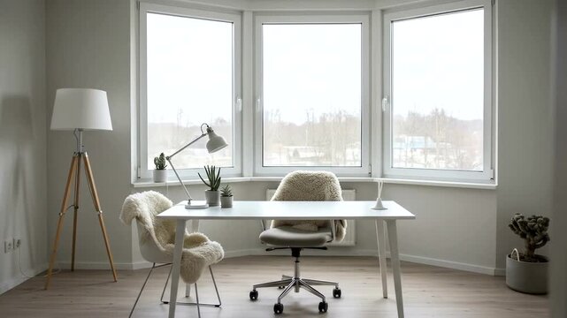 Modern Home Office with Bay Window and Minimalist Decor.