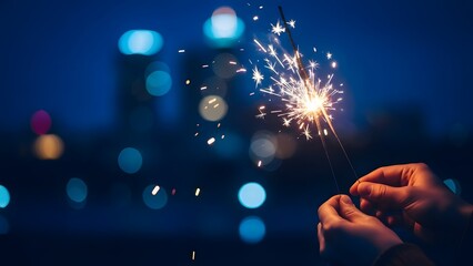 Hands holding sparkler on a night.