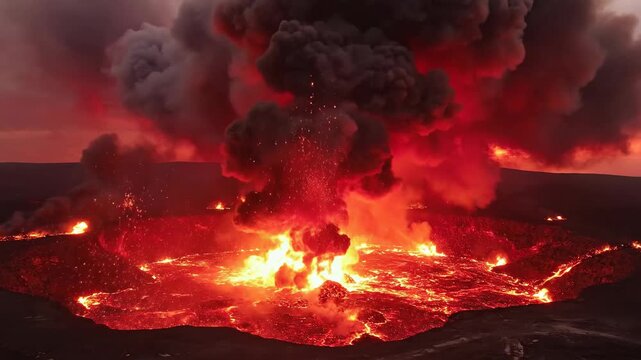 Explosive Volcano Eruption Spewing Molten Lava and Dense Smoke Under a Fiery Sky