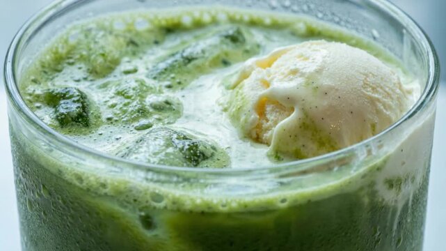 Refreshing Green Tea Ice Cream Float with Creamy Vanilla Scoop in a Clear Glass with Frothy Bubbles and Melting Ice Cubes