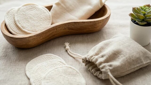 Set of Reusable Cotton Rounds and Drawstring Pouch Next to Succulent Plant on Linen Fabric in Soft Natural Light