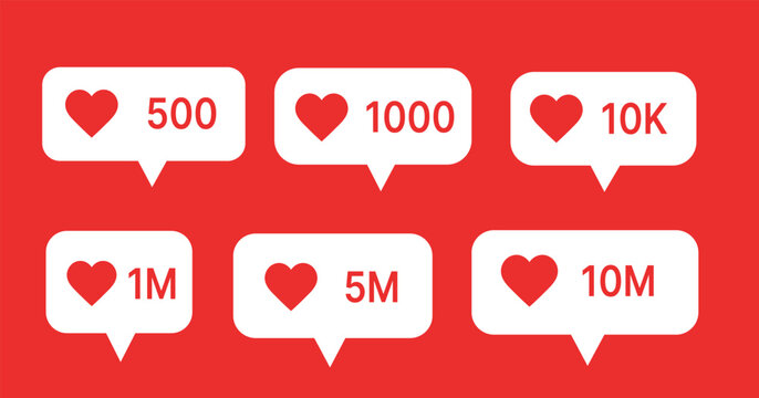 Social media like counter notifications with heart and numbers likes heart numbers