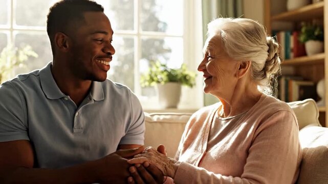 Young caregiver affectionately holds the hands of an elderly woman while sharing a warm moment of connection and mutual respect indoors near a window.