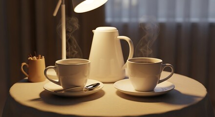 Cozy morning coffee setting with steaming cups and a thermal carafe under warm lamplight creating