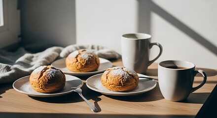 Cozy morning light illuminating delicious baked goods and warm coffee for a perfect breakfast