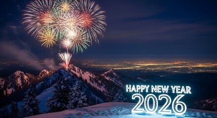 Dazzling fireworks illuminate majestic snowy mountains and a distant city skyline for New Year's Eve