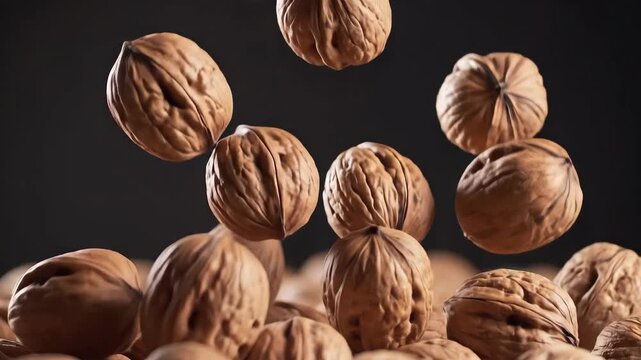 Walnuts Falling and Bouncing in Slow Motion on a Dark Background.