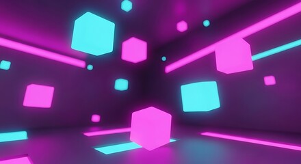 Dynamic Abstract Neon Geometric Cubes and Lines in a Vibrant Sci-Fi Cyberpunk Space