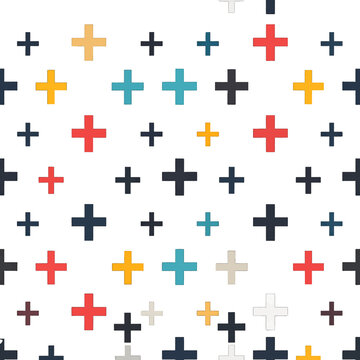 Colorful Plus Sign Pattern on White Background Generates Cheerful and Playful Design for Graphic and Textile Projects