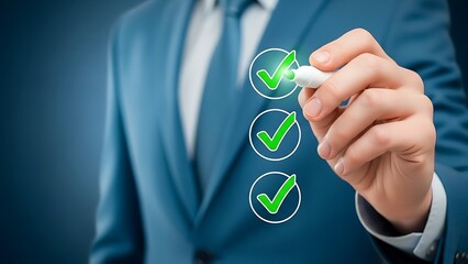 Businessman marking checklist items with a glowing green marker in a blue suit