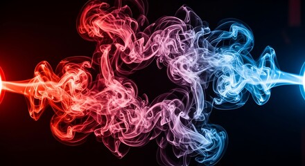 Dynamic interplay of vibrant red and blue smoke merging on a stark black background creating an