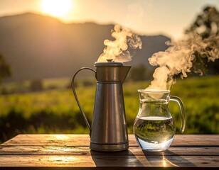Steaming Water Pitchers at Sunrise - A Serene Morning Scene.