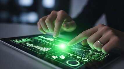 Close up of hands interacting with a futuristic glowing tablet screen