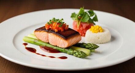 Elegant seared salmon with fresh asparagus, vibrant salsa, and gourmet sides beautifully presented