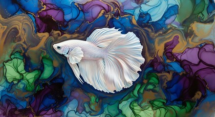 Elegant white betta fish swims amidst vibrant abstract alcohol ink fluid art masterpiece creating