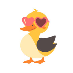 Cute Yellow Duckling with Pink Heart Sunglasses on White Background