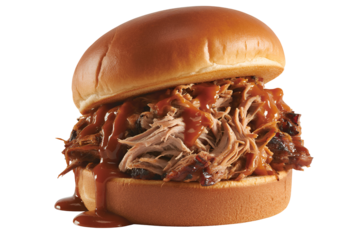 Juicy pulled pork sandwich with bbq sauce isolated on transparent background
