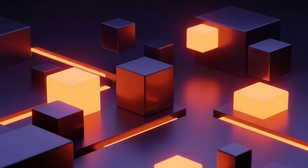 Futuristic Digital Network with Glowing Cubes and Interconnected Luminous Pathways Reflecting Data