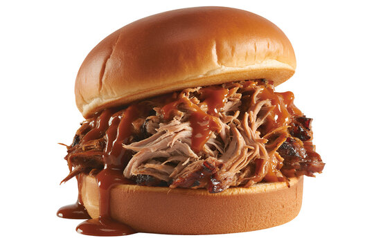 Juicy pulled pork sandwich with bbq sauce isolated on transparent background
