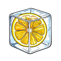 Vibrant Yellow Lemon Slice Encased in Clear Ice Cube Isolated on White Background