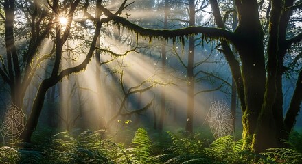 Golden sunbeams pierce a mystical forest, illuminating spiderwebs in morning mist
