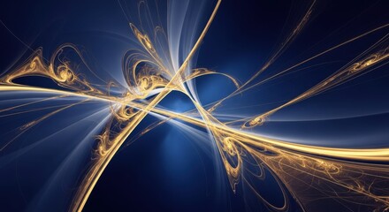 Abstract golden light trails streaking across deep blue cosmic background