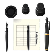 Vintage Fountain Pens with Inkwell on Paper with East Asian Script in Pixel Art Style