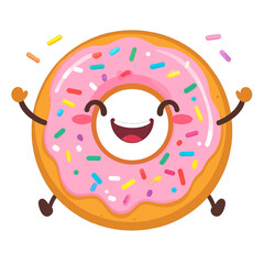 Animated Donut with Pink Glaze and Sprinkles Smiling Happily on White Background