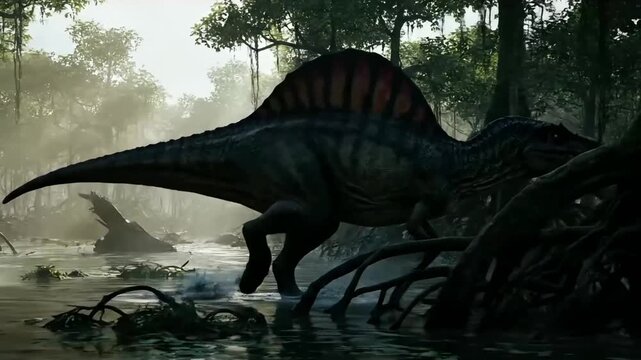 A Spinosaurus emerges from the misty waters of a prehistoric forest, showcasing its distinctive sail-like structure.