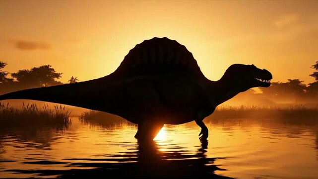 A Spinosaurus dinosaur wading through serene waters at sunset with reflections on the surface