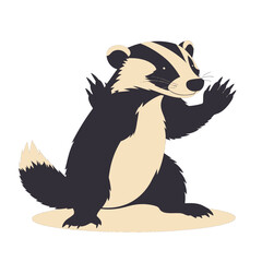 Stylized Illustration of Standing Striped Badger with Claws Raised on Beige Ground on White Background