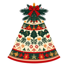 Festive Christmas Tree Ornament with Geometric Patterns and Red Bow on White Background Holiday Design for Winter Season