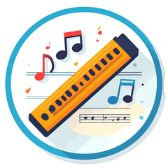 Yellow Harmonica Surrounded by Colorful Music Notes in White Circle