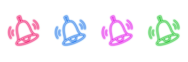 Neon glowing ringing bell vector icons set, notification, alert, reminder, message, app, ui, vibrant colorful digital design illustration on transparent background.