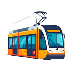 Isolated Yellow And Blue Pixel Art Tram With Overhead Electrical Cables On A White Background