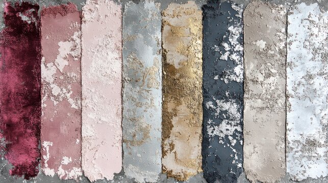 Colorful textured fabric samples on gray background