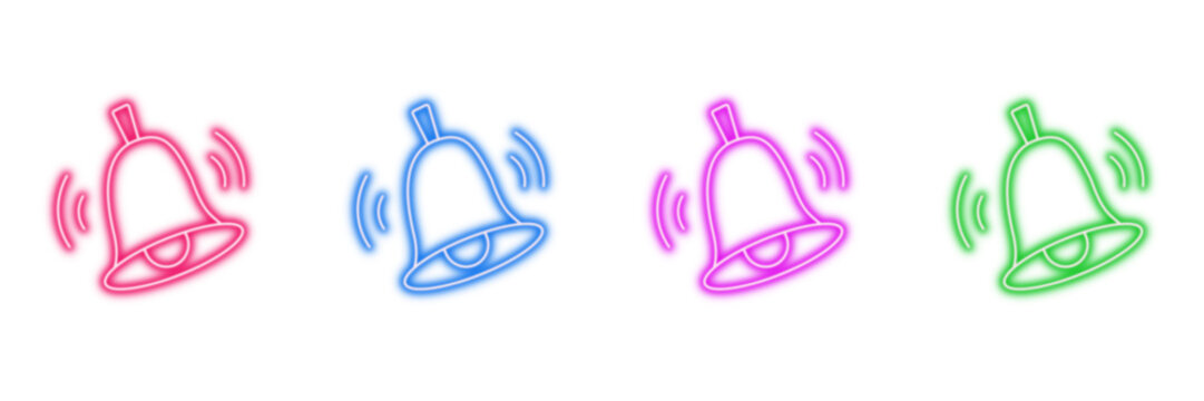 Neon glowing ringing bell vector icons set, notification, alert, reminder, message, app, ui, vibrant colorful digital design illustration on transparent background.