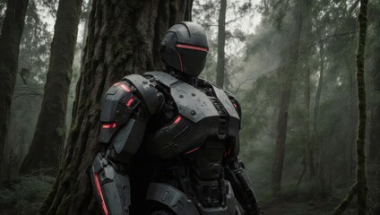Futuristic Soldier in Forest - Cyberpunk Warrior Amidst Nature.