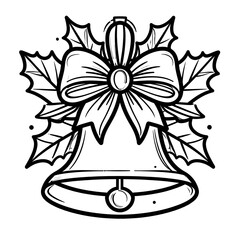 Monochrome Bell with Ribbon and Holly Leaves for Christmas Coloring Page with Festive Cheer