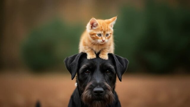 A black dog calmly poses with an orange kitten perched on its head. Soft focus background