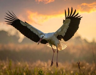 Stork Landing at Dawn - A Moment of Natural Beauty.