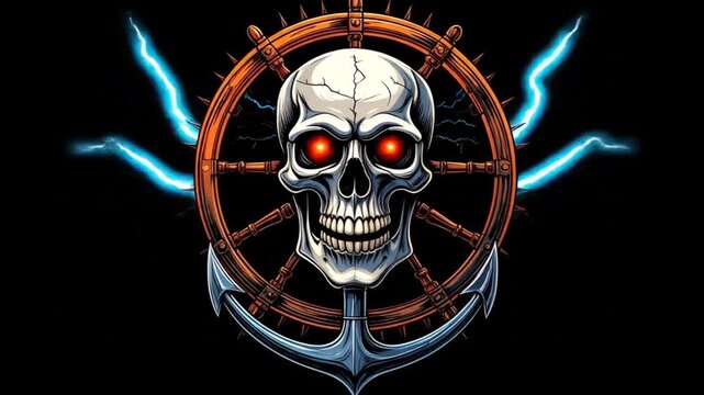 A skull with glowing red eyes is centered in a ship's wheel with an anchor below. Lightning bolts surge around it